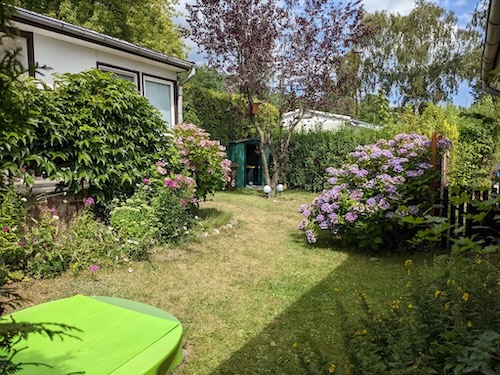 Blick in den Garten, umgeben von Hecken, mit Sandkasten für die Kinder